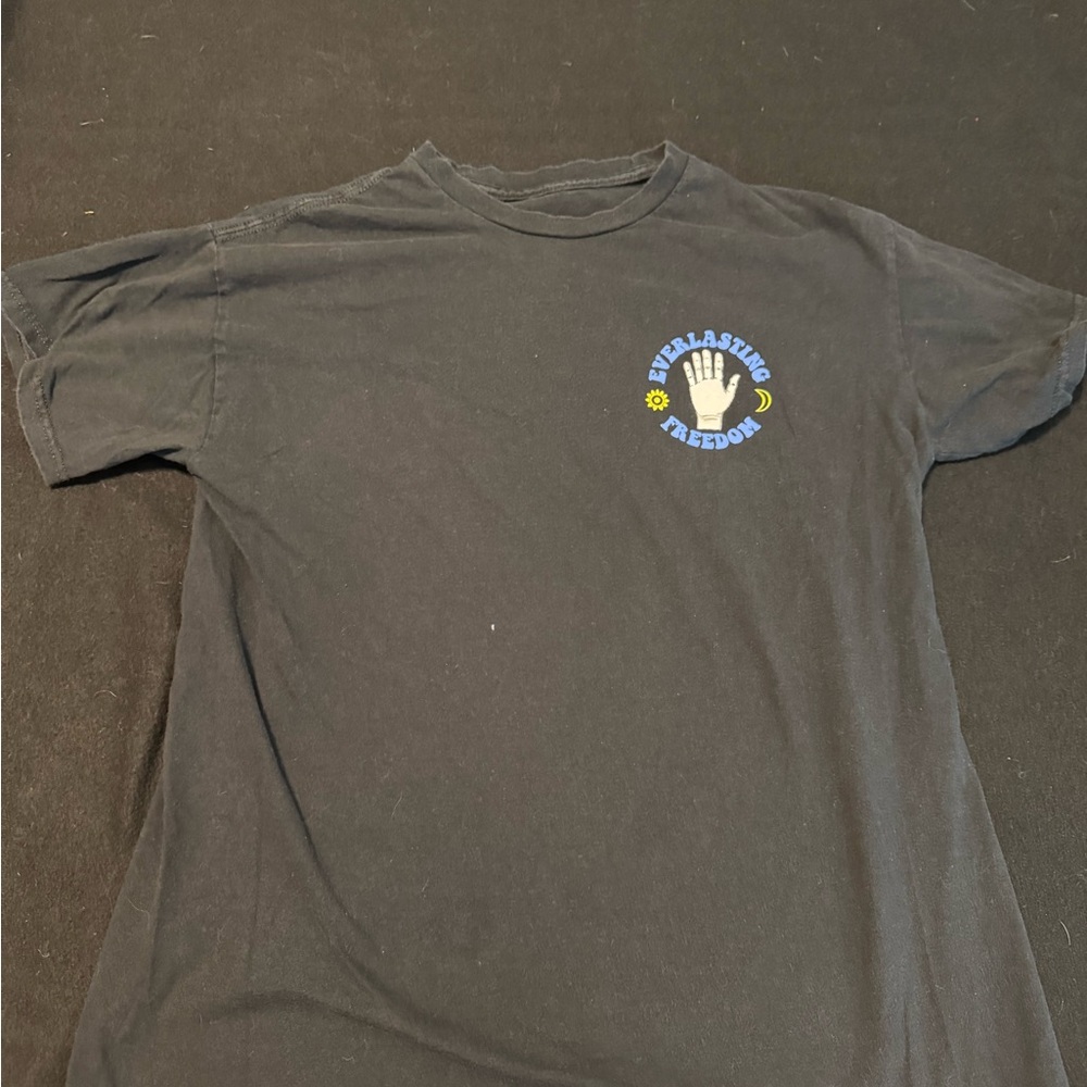 Black Graphic T-Shirt with Blue and Yellow Design